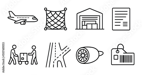 Air cargo logistics line icons set – outline, transport, and freight symbols