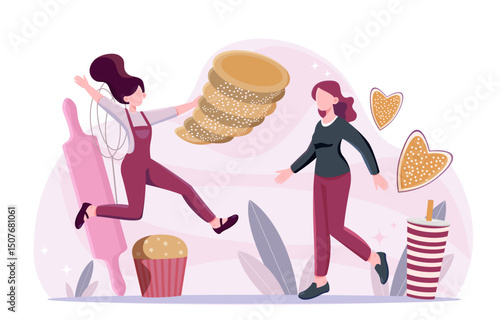 Women with bakery products. Young girls with cookies and croissant. Sweet products. People with dessert and delicacies. Cupcake or muffin. Flat vector illustration