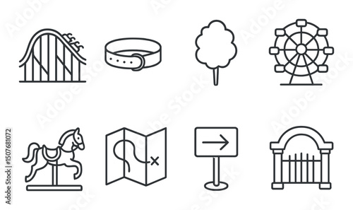 Theme park outline icons set – amusement, fun ride and entertainment symbols