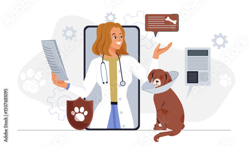 Pet veterinarian online. Woman in medical uniform on smartphone screen near dog. Doctor care about domestic animals. Diagnosis and treatment, healthcare. Flat vector illustration