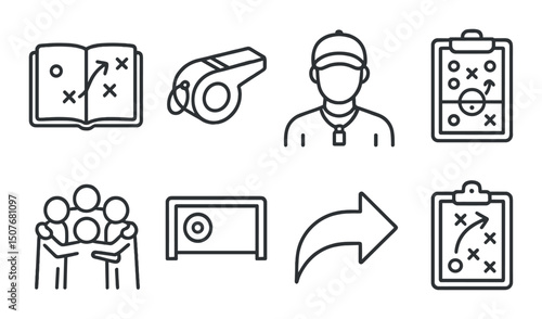 Sports strategy linear icons set – outline, planning and tactical design symbols