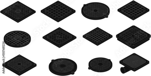 Drain manhole icons set. Set of isometric manhole covers including round, square, and rectangular shapes, showcasing diverse materials and designs for urban infrastructure