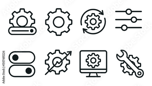 Settings and configuration outline icons set – simple, controls, adjustment symbols