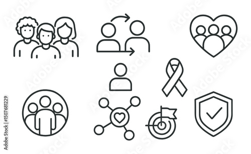 Diverse community outline icons set – silhouette, teamwork and inclusion graphics