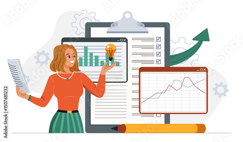 Progress overview concept. Woman with light bulb in her hand and pencil evaluates graphs and charts. Business development assessment. Investing and trading. Flat vector illustration