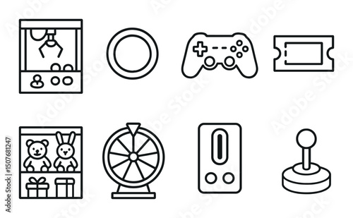 Arcade fun linear icons set – outline, gaming and entertainment graphic symbols