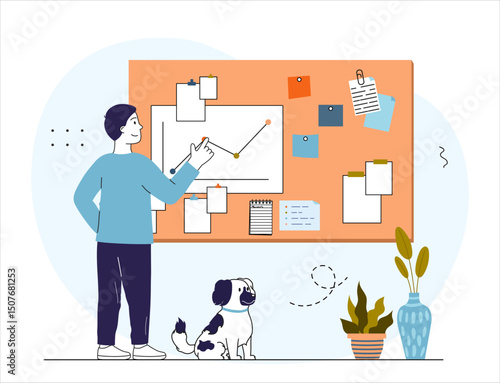 Man near project board. Young guy near kanban. Organizing effective workflow and time management. Reminder and agenda, timetable. Businessman in office. Linear vector illustration