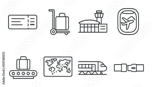 Airline travel essentials icons set – outline, luggage, and airport symbols