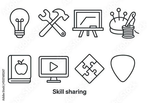 Creative skill outline icons set – silhouette, learning and crafting symbols