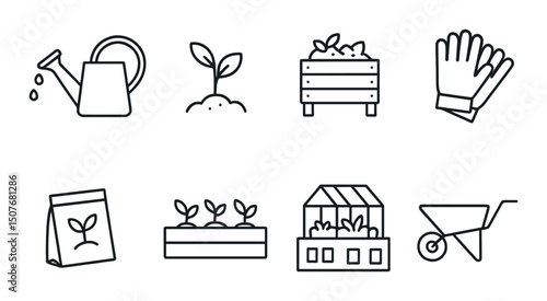 Urban gardening outline icons set – simple, horticulture and plant growing symbols