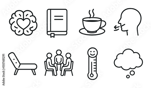 Simple mental health icons set – outline, wellness, therapy symbols for awareness