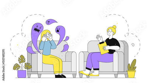 Psychologist with patient. Doctor helps young girl with mental problems. Paranoia and schizophrenia, depression. Psychotherapist treats psychological trauma. Linear vector illustration