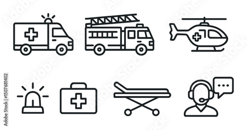 Emergency vehicles icons set – outline, rescue and safety service symbols