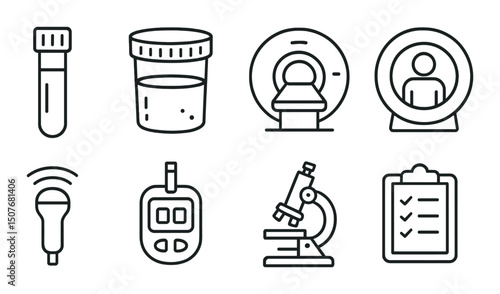 Diagnostic tools outline icons set – medical, healthcare and analysis symbols
