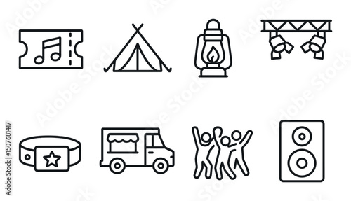 Festival essentials line icons set – outline, celebration and event symbols