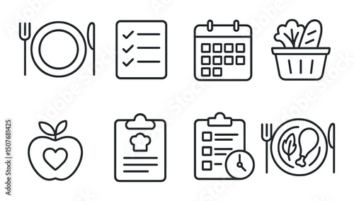 Meal planning linear icons set – outline, food prep and nutrition symbols