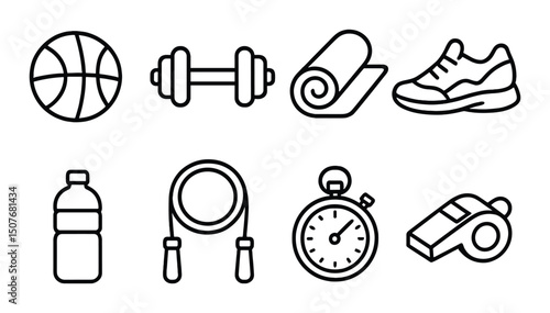 Sports equipment icons set – outline, fitness, exercise gear symbols