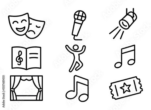 Performing arts line icons set – outline, music and theater symbols for creative design