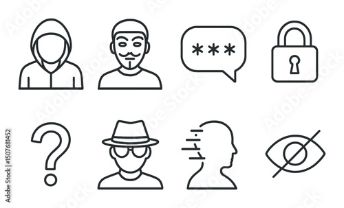 Anonymous chat icons set – silhouette, messaging and security symbols