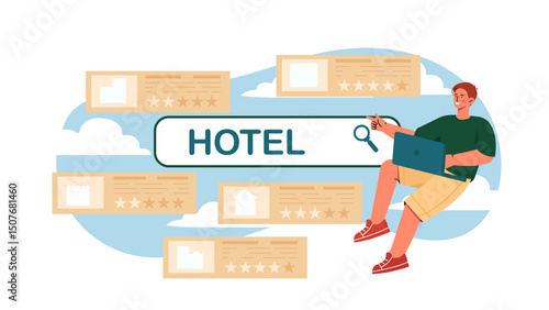 Man looking for hotel online. Young guy with laptop evaluates hotels. Application for travelers and tourists. Rent room on Internet. Holiday and vacation. Flat vector illustration