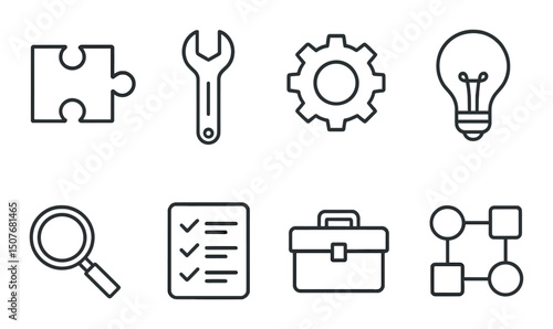 Tools and solutions outline icons set – gear, wrench, and puzzle design elements