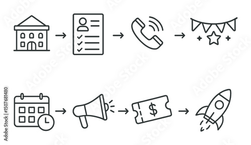 Event planning outline icons set – roadmap, party coordination, event management tools