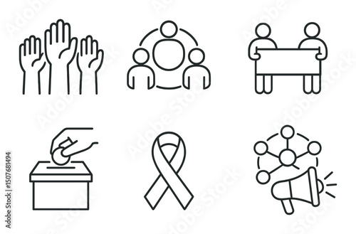 Community symbols outline icons set – simple, unity and engagement graphics