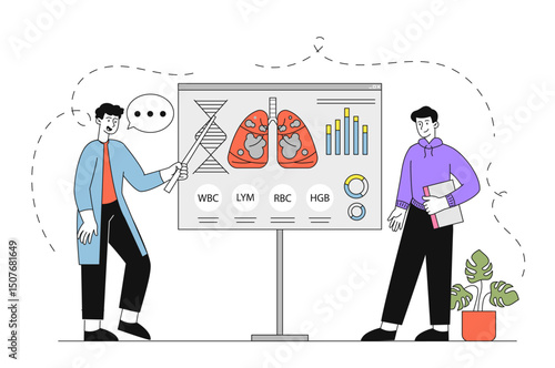 People study lungs. Two men near structure of diseased lungs. Pulmonologists study bronchi and respiratory system. Medical scientific conference. Linear vector illustration