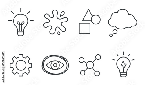 Creative problem solving line icons set – silhouette, innovation and brainstorming symbols