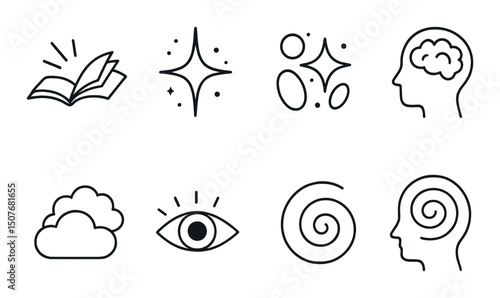 Creativity and imagination outline icons set – silhouette, brain and vision symbols