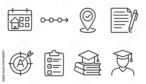 Academic journey linear icons set – outline, education and learning symbols