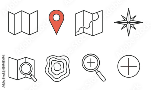 Map navigation icons set – outline, route and location symbols for easy directions