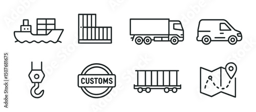 Freight transport line icons set – outline, shipping and logistics symbols