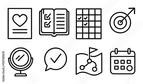 Personal growth outline icons set – development, self-improvement and progress symbols