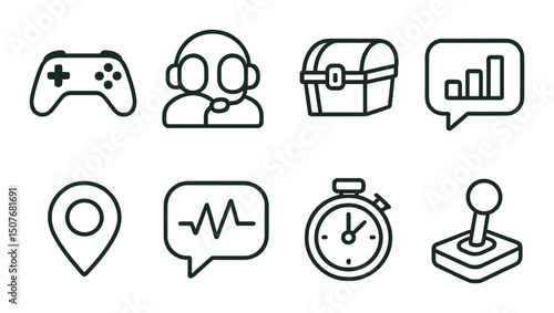 Gaming and chat simple icons set – outline, communication and entertainment symbols