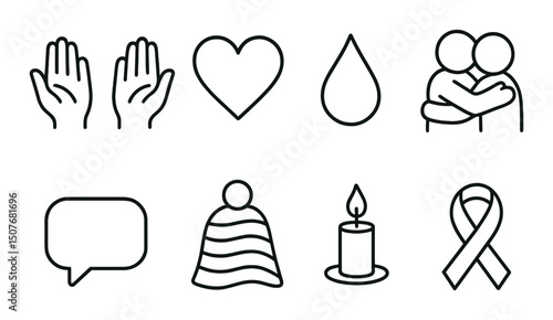 Emotional support outline icons set – simple comforting and wellness symbols