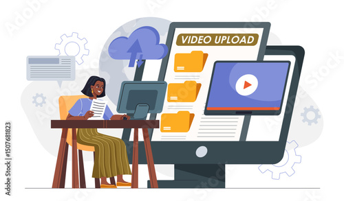 Woman uploading video. Young girl at computer uploading files to cloud service. Exchanging documents on internet. Blogger uploads content to video hosting. Flat vector illustration