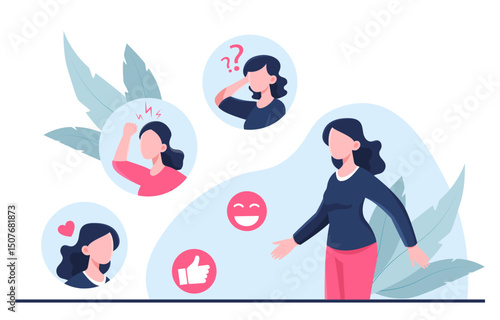 Woman with different emotions. Young girl with mood changes. Mental health problems. Fatigue, anger and happiness. Depression and frustration. Flat vector illustration