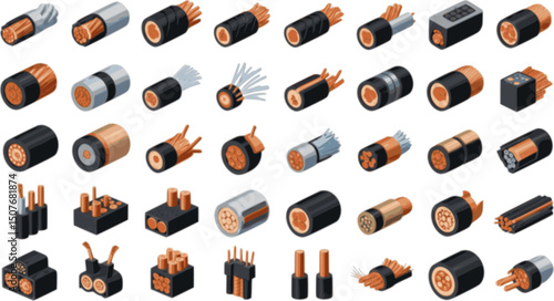 vector set of Electrical wire conductors icons set. Different types of electrical wires and cables showing copper or fiber optic cores for power and data transmission