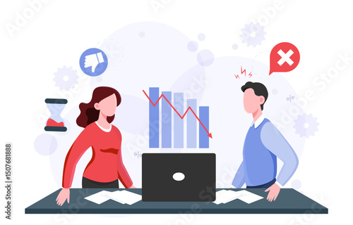 Stress situation at work. Man and woman near falling graph. Bankruptcy and financial crisis. Stressed workers near laptop. Boss with employee. Flat vector illustration