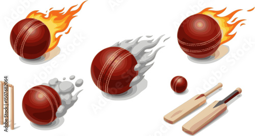 vector set of Flying cricket ball icons set. Cricket ball moving with fire, smoke and wicket and bat icons set isometric view
