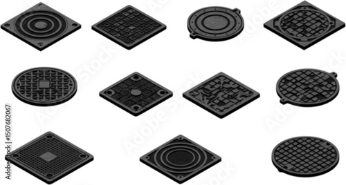 Drain manhole icons set. Set of isometric manhole covers including round, square, and rectangular shapes, showcasing diverse materials and designs for urban infrastructure
