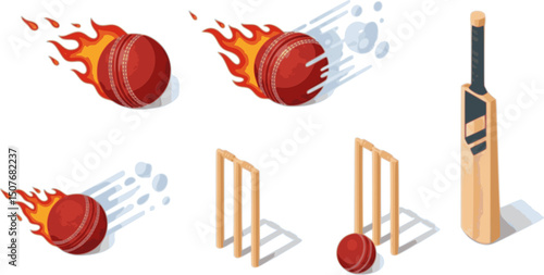 vector set of Flying cricket ball icons set. Cricket ball moving with fire, smoke and wicket and bat icons set isometric view
