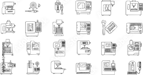 Cnc machine icons set outline vector. Mill controller. Industrial tool

