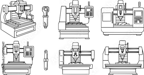 Cnc machine icons set outline vector. Mill controller. Industrial tool
