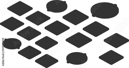 Drain manhole icons set. Set of isometric manhole covers including round, square, and rectangular shapes, showcasing diverse materials and designs for urban infrastructure