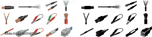 vector set of Electrical wire conductors icons set. Different types of electrical wires and cables showing copper or fiber optic cores for power and data transmission