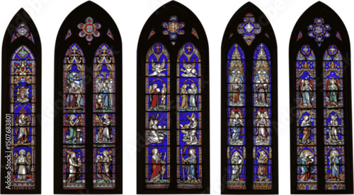 vector set of Set of colorful church stained glass windows representing various religious symbols, scenes, and objects, showcasing the artistry and spiritual significance of these decorative elements