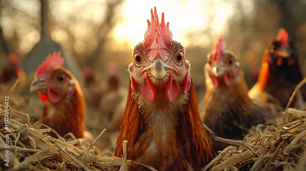 Fototapeta premium Close up of Brown Chickens in Hay, Rural Farm Setting