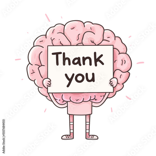 A flat cartoon modern illustration features a weaving brain holding a Thank You lettering plate in its hand, part of the Brain collection